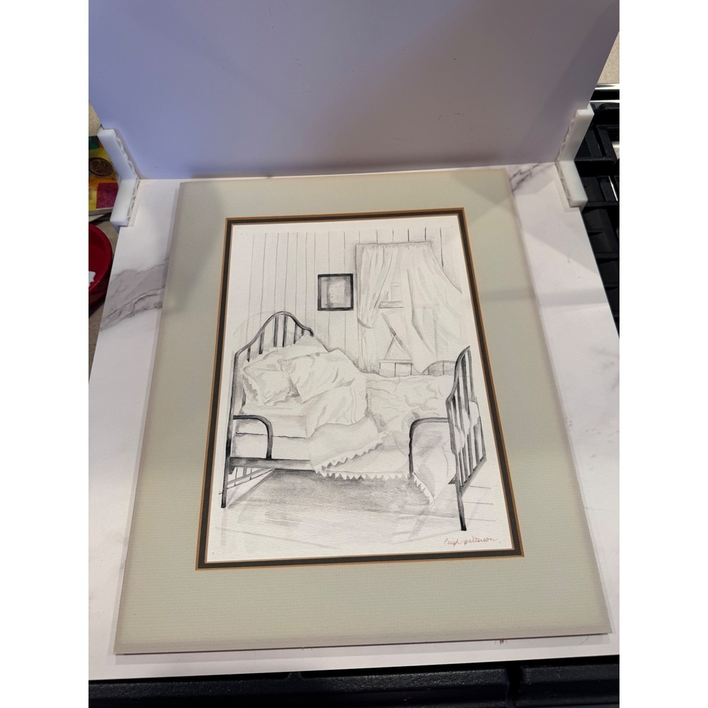 Leigh Patterson Original Graphite Pencil Drawing Mated Art Unmade Iron Bed Room